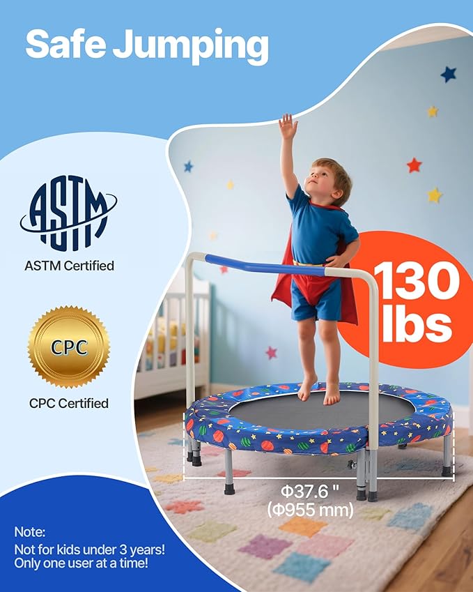 VEVOR 3FT Trampoline for Kids, 36" Trampolines Indoor/Outdoor Trampoline for Toddlers, Foldable Mini Baby Jump Toy with Foam Handle, Recreational Trampolines Birthday Gift for 3+ Years Kids