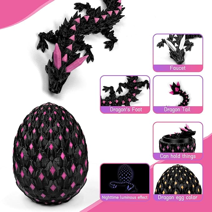 3D Printed Dragon Egg,Dragon Eggs Glow in with Dragon Inside Dark Articulated Animals Fidget Toy,Home Office Decor Executive Desk Toys for Autism/ADHD (Luminous Pink)