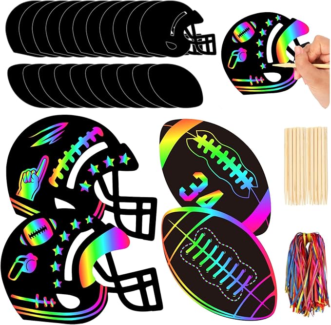 JarThenaAMCS 60 Pcs Football Scratch Paper Craft Kits Football Helmet Scratch Cards Ornaments with Ribbon and Wooden Styluses for DIY Crafts Painting Classroom Party Supplies