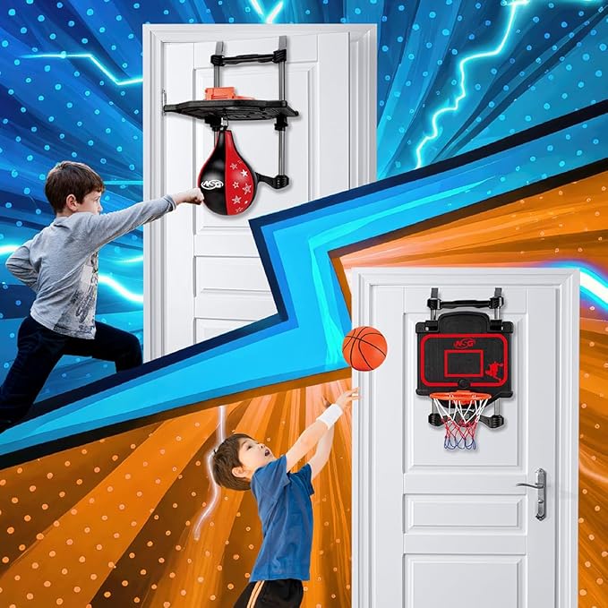 Over-The-Door Basketball & Boxing Combo – 2-in-1 Game Set with Adjustable Hoop & Speed Bag, Scoreboard & Sound Effects – Fun Indoor Sports Toy for Kids & Adults
