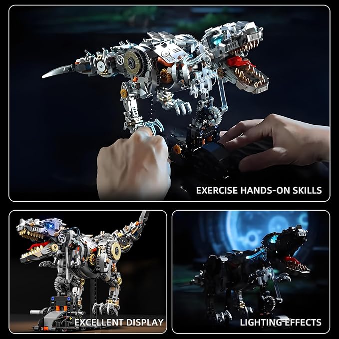 Mechanical Tyrannosaurus Building Blocks Set with LED Light & Display Stand, 1268 PCS T-Rex Dinosaur Model Kit, Home Decor & Collectible Gift for Adults, Teens.
