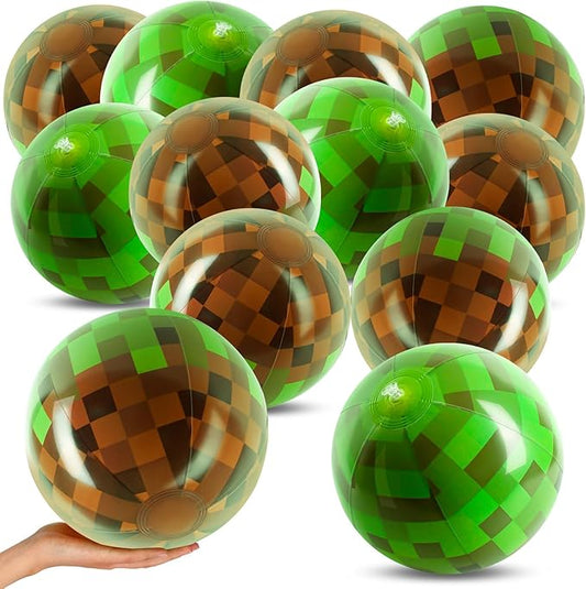 12PCS 8Inch Beach Ball Set for Green Pixel Themed Birthday Party Decorations, Pool Party Supplies, Summer Outdoor Activities, Kids Party Favors,Class Celebration & Holiday Games