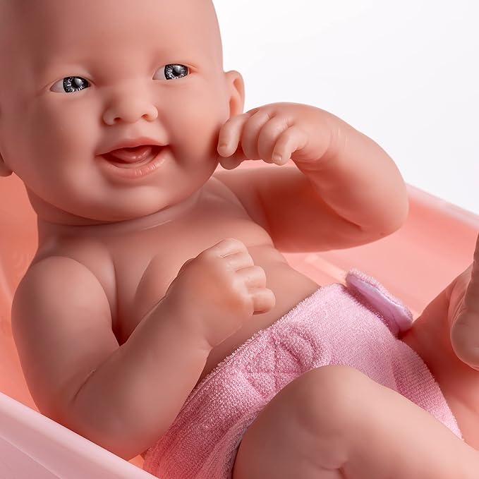 8 piece Layette Deluxe Bathtub Gift Set | JC Toys - La Newborn | 14" Life-Like Smiling Vinyl Newborn Doll w/ Accessories | Pink | Waterproof |Ages 2+
