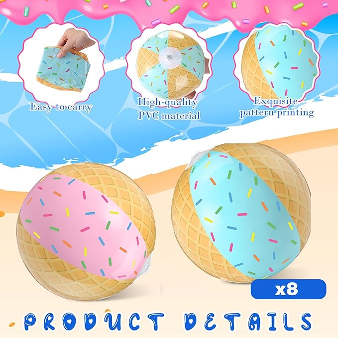 8 Pack Ice Cream Themed Beach Ball 7.87" Bulk for Summer Pool and Beach Game Gifts Birthday Party Supplies Decorations Favor