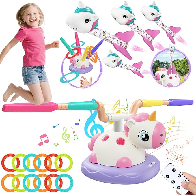 Easter Outdoor Toys for Kids, 3 in 1 Rocket Launcher, Musical Jumping & Ring Toss Games with Remote Control, Unicorn Toys for Girls, Outdoor Play Games for Toddlers 3-5 4-8 Birthday Gift Party