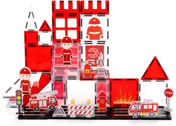 cossy Magnetic Tiles Firefighter Set, Magnet Tiles with Firefighter, Magnetic Tiles for Kids Ages 4-8, STEM Toys, Toys for 3 4 5 6 7 8 Year Old Boy and Girl, Creative Building Toys, Firefighter