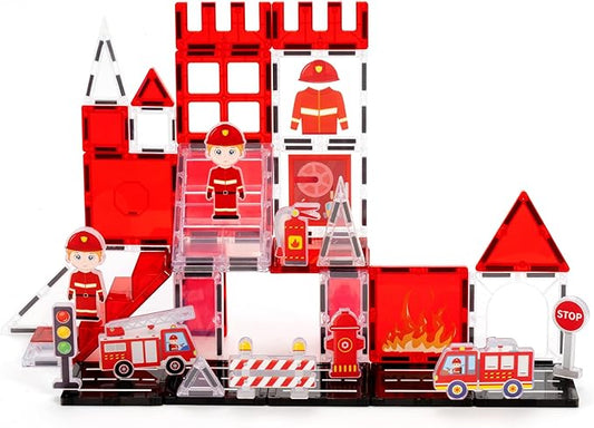 cossy Magnetic Tiles Firefighter Set, Magnet Tiles with Firefighter, Magnetic Tiles for Kids Ages 4-8, STEM Toys, Toys for 3 4 5 6 7 8 Year Old Boy and Girl, Creative Building Toys, Firefighter
