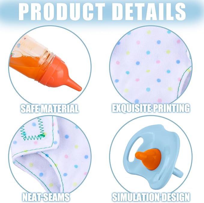 10 Pcs Baby Doll Accessories Set Pretend Feeding and Caring Play Toy Set with Magic Disappearing Milk and Juice Bottles, Pacifier, Bibs, Diapers Baby Doll Stuff for Kids Girls Birthday Party Gifts