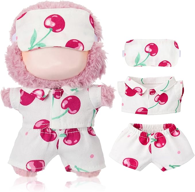 Simgoing 17cm Doll Clothes Pajamas Set with Pants Eye Mask Good Night Bedding Clothes Outfit Gifts Fits 17cm Dolls Accessories for DIY Dress up Lovers(Cute Cherry)