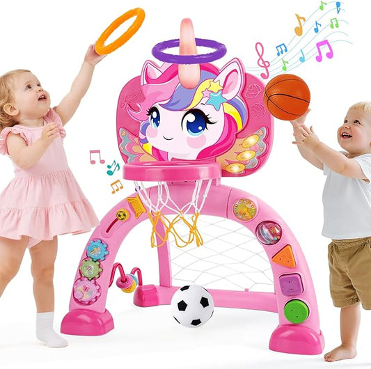 Toddler Basketball Hoop & Soccer Goal: Activity Center with Ring Toss – Unicorn Sports Play Set | Toys for Baby Toddlers 12-18 Months & Boys Girls Ages 1-3 | Indoor Outdoor Birthday