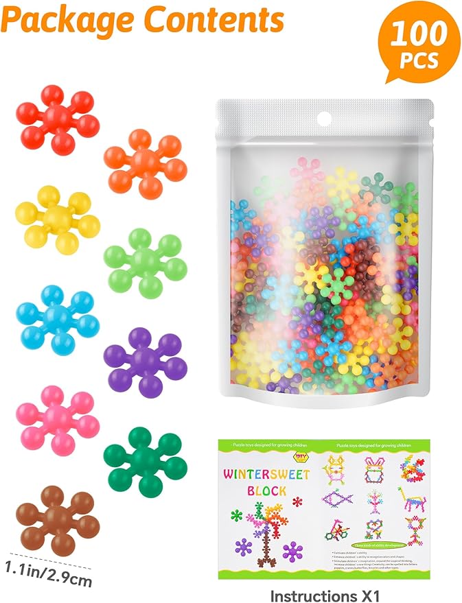 100PCS Snowflake Interlocking Building Block Educational Toy for Kids Ages 3+, Multi-Color Solid Plastic Early Learning Creativity STEM Toy with Carrying Case Safe Material