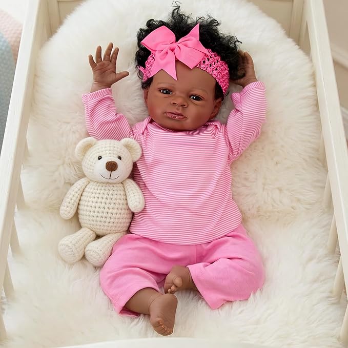 FOCKOF Realistic Reborn Baby Dolls-18 Inch Black Realistic Baby Doll Girls Soft Cloth Body Reborn Baby with Gift Box for Kids Age 3+