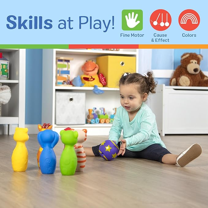Melissa & Doug K's Kids Bowling Friends Play Set and Game with 6 Pins and Convenient Carrying Case Indoor Outdoor Bowling Set, Soft Plastic Animal Pins, for Ages 2+