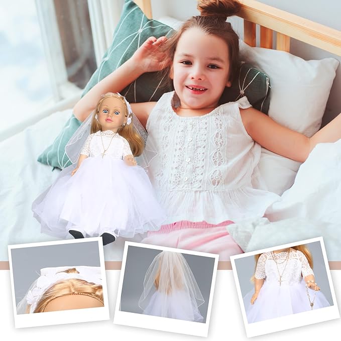 RoundFunny 7 Pcs 18 Inches American Doll Clothes Outfit First Communion Dress with Matching Headband Veil Bracelet Shoes Socks Necklaces Fit 18 Inches Dolls, Doll Not Included(Floral Headband)