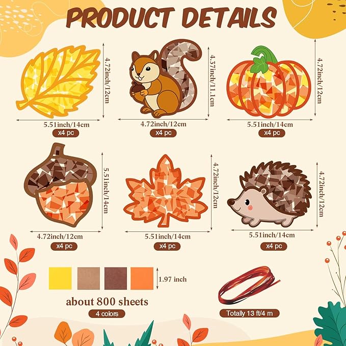 Feifeiya 24 Sets Fall Crafts Kit DIY Autumn Paper Crafts with Colored Tissue Paper Sticker Tools Fall Harvest Pumpkin Leaf Acorn Squirrel Suncatcher Ornaments for Classroom Thanksgiving Activity Arts