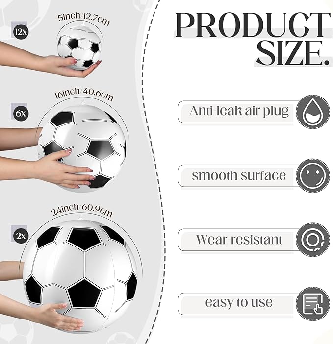 Sratte 20 Pcs Inflatable Beach Balls Bulk, Multiple Sizes Summer Swimming Pool Balls for Adults Hawaii Luau Party Supplies(Black White,Soccer)