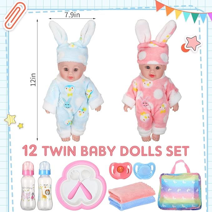 Jerify 10 Pcs Realistic Twin Baby Dolls Toy Set Include 2 Pcs 12 Inch Baby Dolls, Feeding Set, Pacifiers, Doll Diapers, Bags, Milk Bottles Removable Outfit for Toddler Kids 6+ Gift(White)
