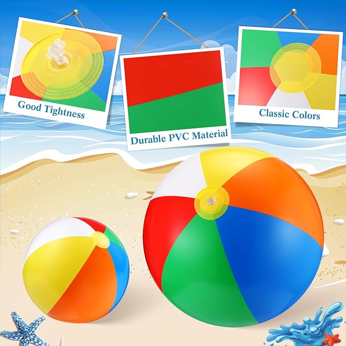 Realspring 36 Pcs Inflatable Beach Balls Bulk 6" 12" 16" 24" 40" Multiple Sizes PVC Summer Swimming Pool Ball for Adults Outdoor Beach Hawaii Water Games Party Decorations