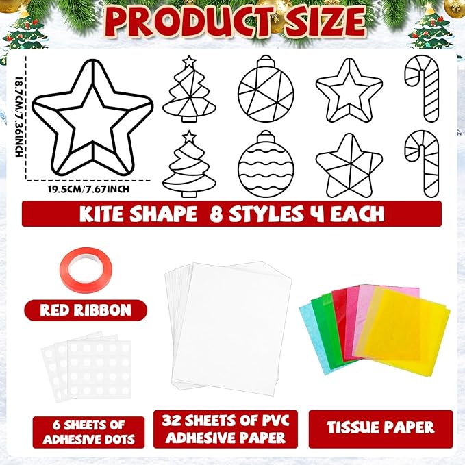 QOUBAI 32 Sets Christmas Theme Suncatchers Craft Kit DIY Window Stained Glass Effect Christmas Theme Paper Crafts Home School Classroom Decoration Kid Birthday Gift Creative Art Project Activity Game