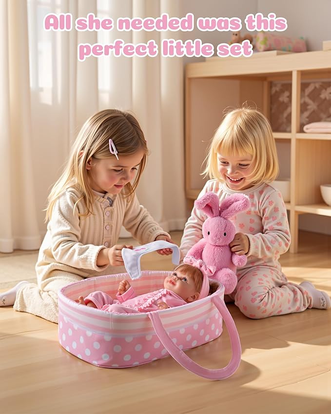 BABESIDE 8 Pcs Baby Doll Accessories, Reborn Baby Dolls Clothes with Bassinet for 17-22 Inch Babydolls, Outfit fit Babies Dolls Girl, Babies Pretend Play Set