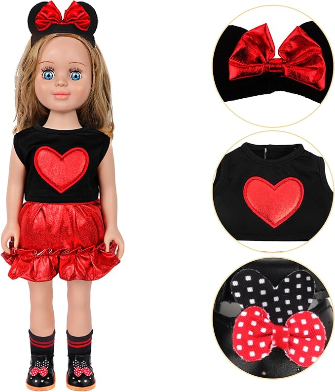 MSYO 18 Inch Doll Clothes & Accessories Set,Black Red Heart Top & Metallic Red Skirt Outfit with Mouse Ears Headband,Sunglasses,Socks,Shoes,Choker,Fits 16-18 Inch Baby Dolls(Red)