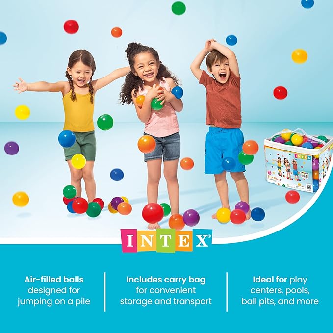 Intex Set of 100 Plastic Fun Balls for Ball Pits and Bounce Houses, Multi-Colored - 100-Count Soft Colorful Toddler-Safe Toys for Pool or Playpen