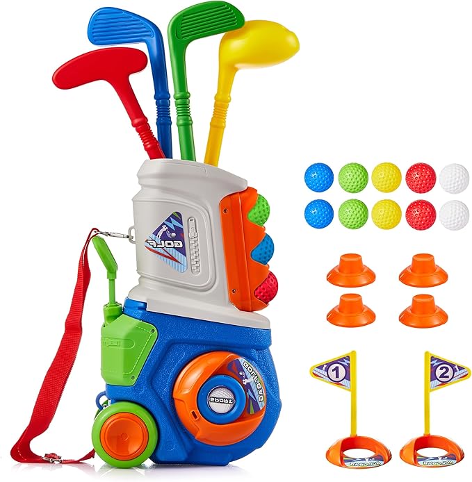 PJG Toddler Golf Set, Plastic Kids Golf Clubs Ages 1 2 3 4 5 Years Old with 4 Golf Clubs and 10 Balls, Indoor and Outdoor Toddler Golf Toys with Cart for Boys and Girls Birthday (Blue)