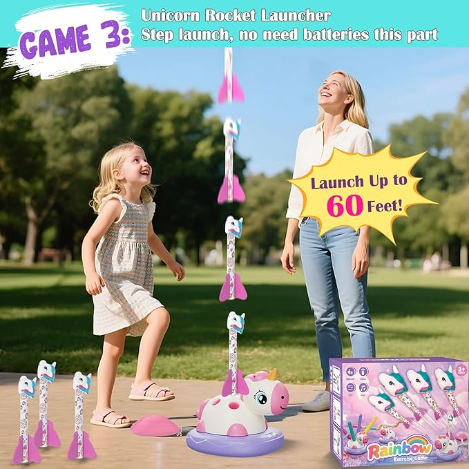 Easter Outdoor Toys for Kids, 3 in 1 Rocket Launcher, Musical Jumping & Ring Toss Games with Remote Control, Unicorn Toys for Girls, Outdoor Play Games for Toddlers 3-5 4-8 Birthday Gift Party