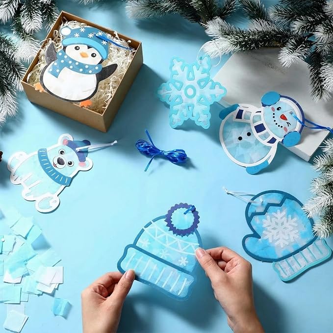 Feifeiya 24 Set Winter Suncatchers Crafts DIY Window Tissue Paper Suncatchers Winter Craft Make Your Own Hanging Ornaments for Christmas Holiday School Party Activities Art Projects