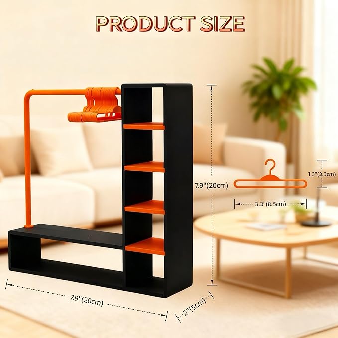 Doll Clothes Closet with 10 Hangers, Black & Orange Color Block Doll Accessories Display Wardrobe, Compatible with Fasion Doll Clothes,Portable Storage for Figures,Gift