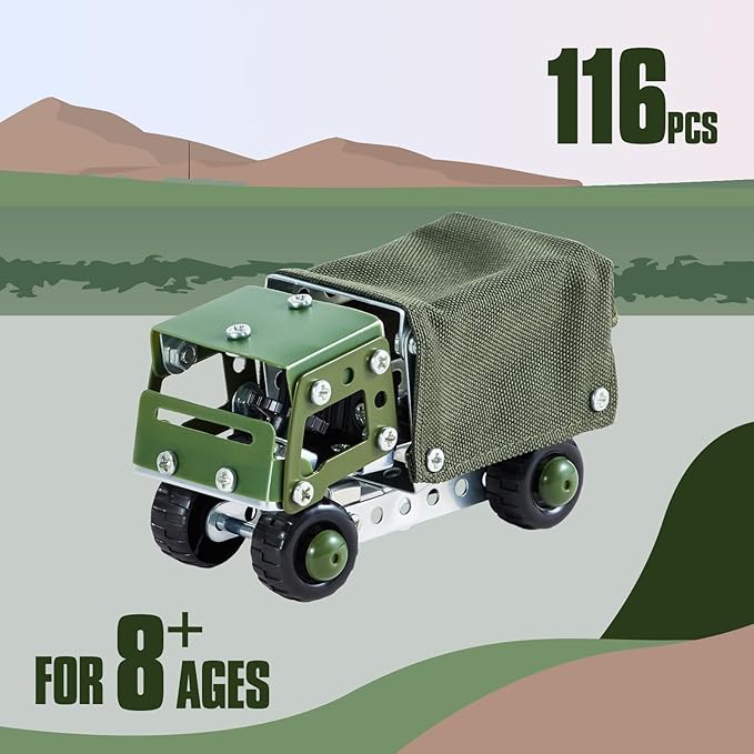 Military Truck STEM Building Toy Set for Boys Age 8-12 - Metal Army Toys Model Car Kits Set - Engineering STEM Kits or Kids 6-8, 8-10 Stem Projects Vehicles