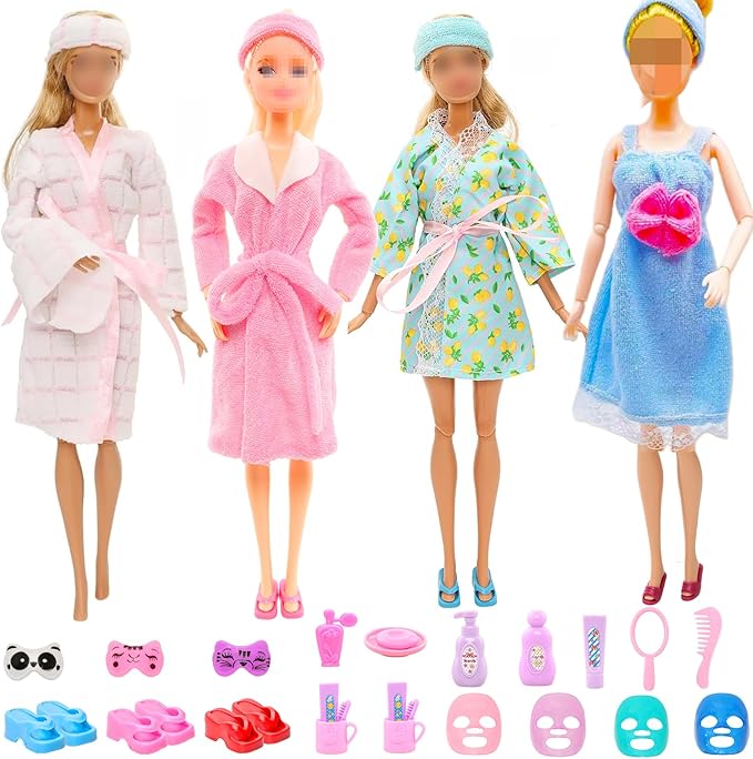 Doll Sleeping Clothes Accessories 28 Pcs Including 4 Sets Bathrobes Pajamas, Bath Towel , 4 Headband, 12 Toiletries, 8 Accessories, 3 Slippers for 11.5 Inch Girl Dolls Storytelling Bathroom Playset