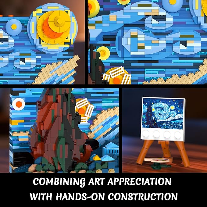 The Starry Night Building Set with LED Lights - 1501PCS Artwork 3.6MM Mini Blocks Building Sets for Adults, Famous Paintings Architecture Projects Home Art Decor Easter Gift for Men Women