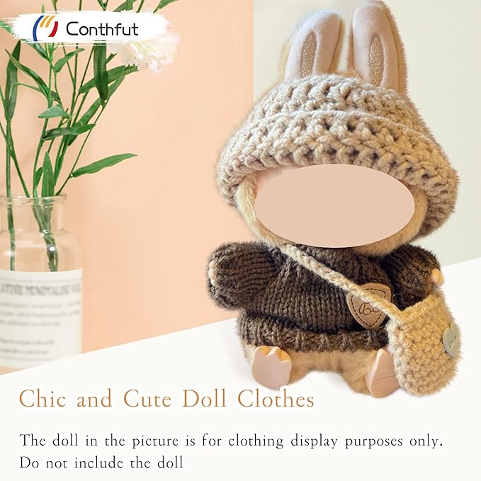17cm Doll Clothes, Clothes for Dolls Outfit, Accessories for Dolls Clothes,Cute Clothes Set for Doll,No Doll Included(Brown Sweater + Khaki Bag + Hat)