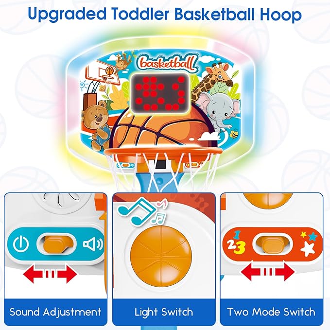 Toddler Basketball Hoop Indoor for Age 1-3, Kids Basketball Hoop with Led Light Scoreboard, Adjustable Basketball Goal with 3 Balls, Outdoor Sport Toy for 1 2 3 4 Year Old Baby Boy Girl Birthday Gift
