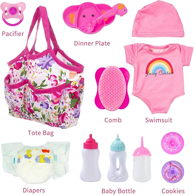 Ecore Fun 13 Piece Baby Doll Accessories Feeding and Caring Set Includes Diaper Bag Clothes Diapers Baby Bottles Dinner Plate Pacifier Comb Babies Pretend Play Set for Toddlers Kids