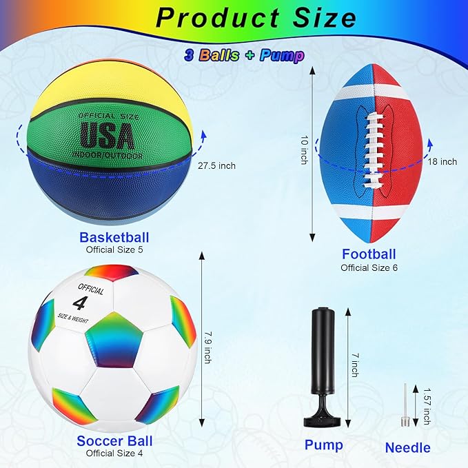 Libima 3 Pcs Sports Ball Set for Kids Teens Include Official Size Basketball Soccer Football with Pump and Carry Bag Training Practice Sport Back to School Gift