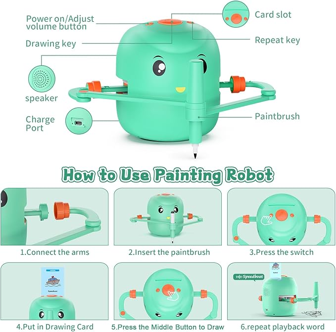 Interactive Educational Drawing Robot for Kids - Montessori Learning Toy with 150 Word Cards, Voice Interaction, Ages 5+ (Green)