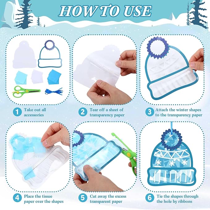 Feifeiya 24 Set Winter Suncatchers Crafts DIY Window Tissue Paper Suncatchers Winter Craft Make Your Own Hanging Ornaments for Christmas Holiday School Party Activities Art Projects