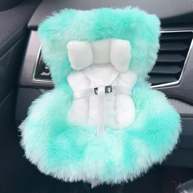 Doll Car Seat for 3–8 inch Figures, Fits Character Plushes, Blind Box Dolls & Vinyl Collectibles, Includes Air Vent Clip & Desktop Stand, Cute Car Ornament for Collectors (Mint Green Ombre)