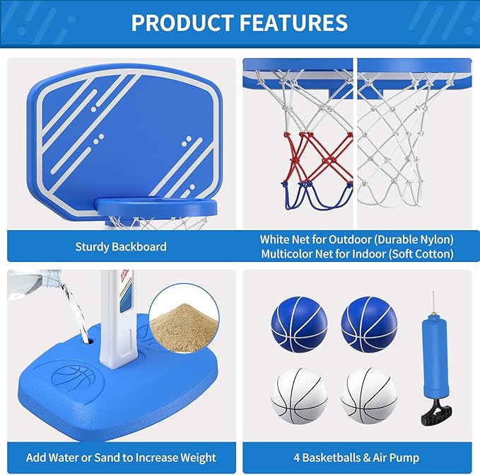Pool Basketball Hoop, Poolside Basketball Hoop for Swimming Pool, Includes 4 Balls and Pump, Adjustable Height Indoor Outdoor Play, Pool Toys Game for Kids