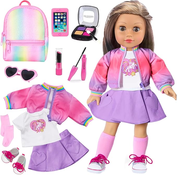 American 18 Inch Doll Clothes and Makeup Accessories Set - Dolls Makeup and Outfit Playsets Bundle with Rainbow Backpack and Fashion Essentials (Doll NOT Included)