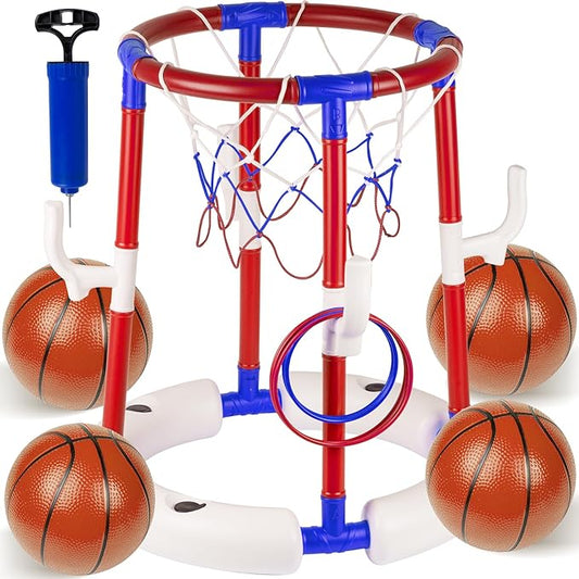 2-in-1 Floating Pool Basketball Hoop with 4 Balls, 6 Rings & Pump, Stable Water Basketball Hoop & Ring Toss Pool Games for Ages 4-8, 8-12, Summer Party Fun & Outdoor Indoor Family Pool Toys