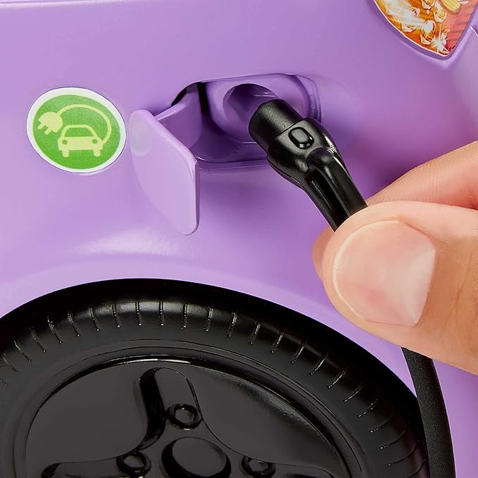 Barbie Doll Accessories, Toy Car Electric Vehicle with Charging Station, Plug & Sunroof, Purple 2-Seater Transforms into Convertible