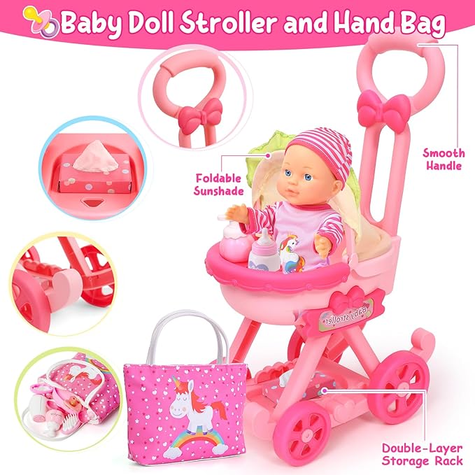 Golray Girl Baby Doll Stroller Toy Set with 12" Baby Doll & 17pcs Baby Doll Accessories Handbag/Clothes/Sunshade/Feeding Nursery Pretend Play Toy Birthday Gift for Toddler Girls 3 4 5 6 7 Years Old