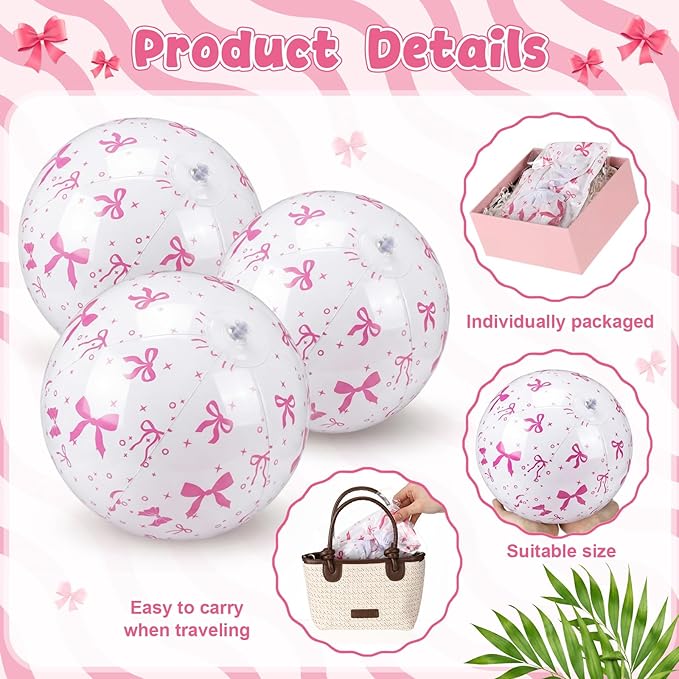 Civaner 12 Pcs Pink Bow Beach Ball 7.87 Inches Inflatable Beach Ball for Bow Party Favors Summer Swimming Pool and Beaches Game Coquette Gifts for Pink Themed Birthday Party