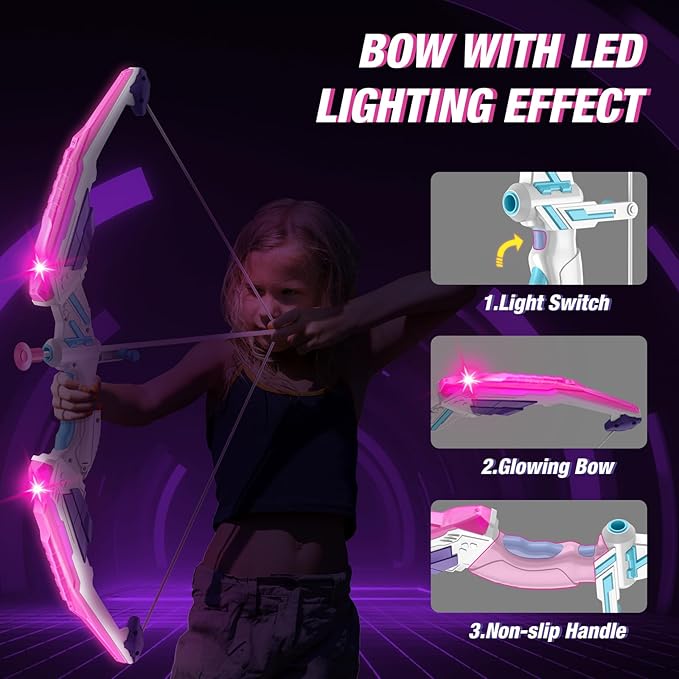 2 Pack Bow and Arrow for Kids 4-6, LED Light Up Archery Set with 24 Suction Cup Arrows, 1 Standing Target, 6 Score Targets & 2 Quiver, Indoor Outdoor Sport for Girls Ages 8-12