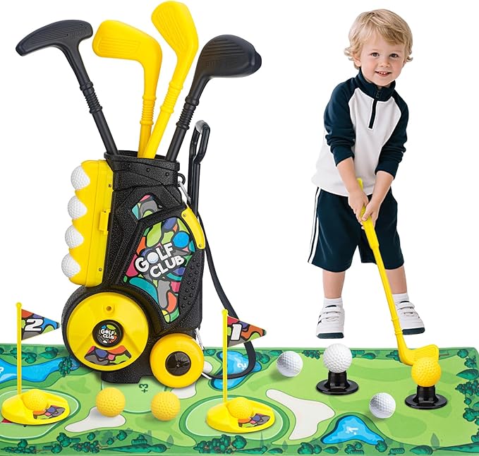 Toddler Golf Set with Wheeled Cart, Kids Golf Clubs Toy with 47.2" Putting Mat, Upgraded Handles, 8 Balls & Training Accessories, Indoor Outdoor Golf Toys for Boys Girls Ages 3-8
