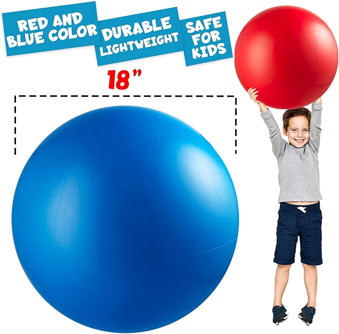 Jumbo 18-Inch Playground Balls (2 Pack, Red & Blue) - Giant Large Inflatable Rubber Kickball for Kids and Toddlers, Boys & Girls Backyard, Sports, Gym, Recess, Indoor & Outdoor Games w/Pump