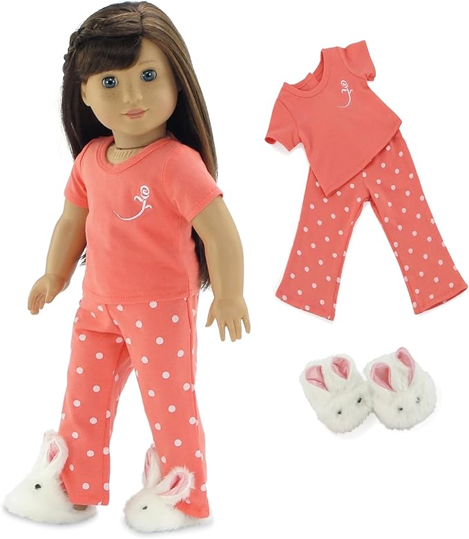 Emily Rose 18 Inch Doll Clothes Coral Polka Dot Pajamas PJs Gift Set, with Bunny Slippers! | Gift Boxed! | USA Brand | Compatible with American Girl Dolls - Doll NOT Included